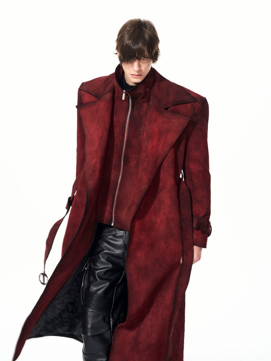 Abrigo Tipo Gabardina para Hombre en Rojo con Detalles en Ante Sintético y Acolchado - Image 9