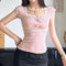 Blusa Elegante de Encaje con Cuello Cuadrado y Manga Corta
