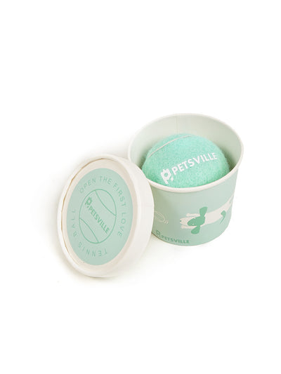 Beige Petsville tennis ball for dogs in a light yellow cylindrical container with a playful dog illustration. - Image 15