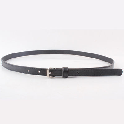 Thin brown imitation leather belt with a small silver D-shaped pin buckle, displayed on a white background. - Image 21