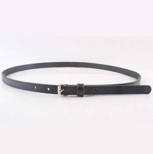 Thin brown imitation leather belt with a small silver D-shaped pin buckle, displayed on a white background. - Image 21