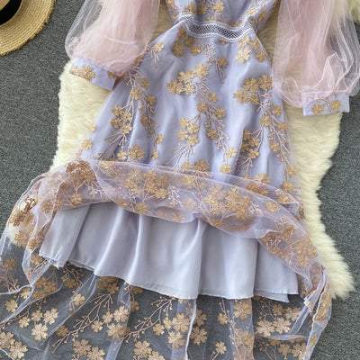 Vestido Elegante con Mangas Linterna de Malla y Bordado Calado - Image 10