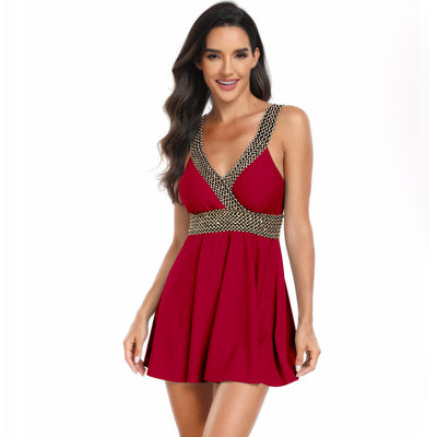 Royal blue V-neck swimsuit dress with gold and black patterned trim on neckline and empire waist. - Image 6