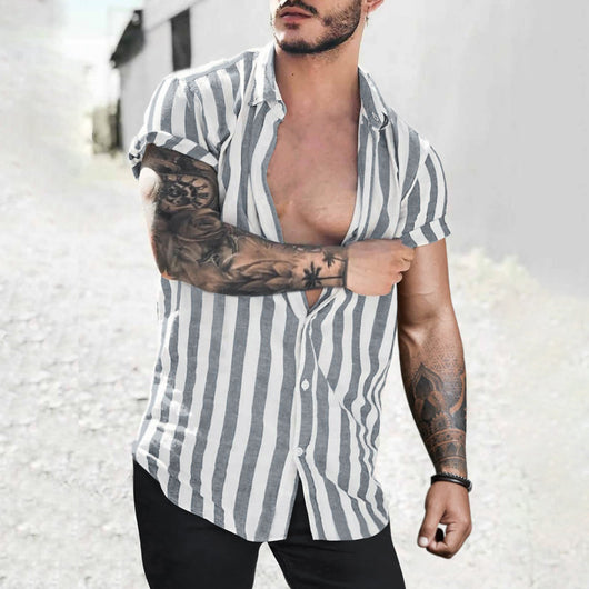 Camisa Cardigan de Lino con Rayas y Solapa para Hombre - Image 10