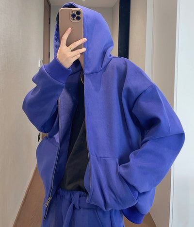 Chamarra Hoodie Azul Suelta con Cierre - Abrigo Corto Retro para Hombre - Image 9