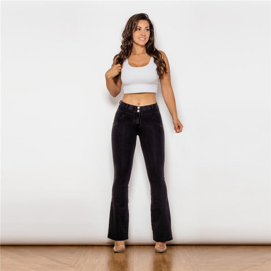 Pantalón Jean Negro Recto Cintura Media Pierna Ancha Levantacaderas con Elástico - Image 9