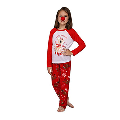 Family of five and a dog wearing matching red and white Christmas pajamas with reindeer and snowflake prints. - Image 8