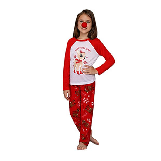 Family of five and a dog wearing matching red and white Christmas pajamas with reindeer and snowflake prints. - Image 8