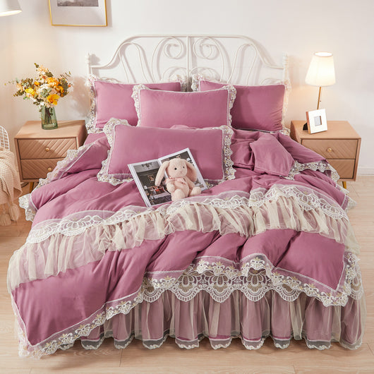 Juego de Cama Princesa Coreana con Falda de Encaje y Edredón de 4 Piezas - Image 13