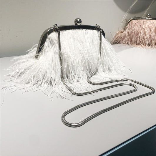 Bolso Bandolera de Plumas de Avestruz con Cadena de Perlas para Mujer - Image 2
