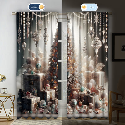 Christmas curtain with a snowy village scene, Santa Claus, flying reindeer, and piles of wrapped gifts. - Image 27