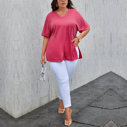 Blusa Suelta con Escote en V y Abertura Lateral - Camiseta Casual de Manga Corta - Image 19