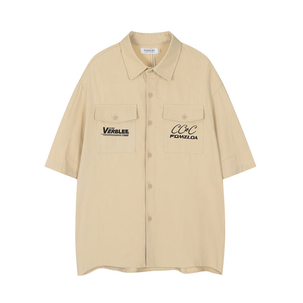Camisa de Trabajo con Bordado de Letras y Bolsillo
