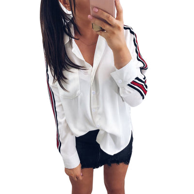 Blusa Casual Mujer Rayas Blancas Manga Larga con Botones - Image 6