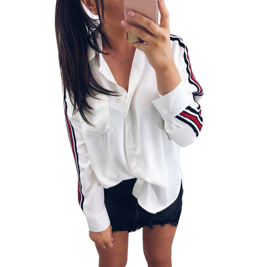 Blusa Casual Mujer Rayas Blancas Manga Larga con Botones - Image 6