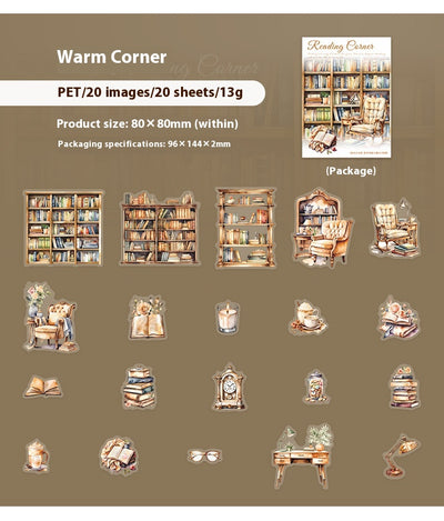 Set of 20 PET stickers featuring watercolor illustrations of cozy reading nooks, bookshelves, books, and related items. - Image 21