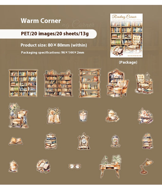 Set of 20 PET stickers featuring watercolor illustrations of cozy reading nooks, bookshelves, books, and related items. - Image 21