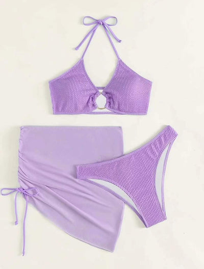 Traje de Baño Mujer Tres Piezas Color Sólido Cuello Halter - Image 20