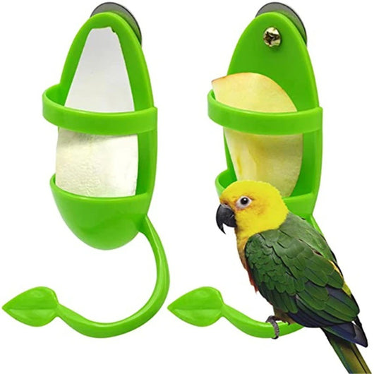 Bright green plastic bird food rack with a lower tray and a leaf-shaped perch, designed for cuttlefish. - Image 3