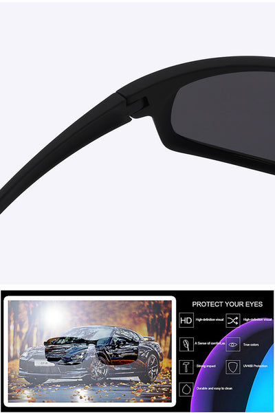 Black sports sunglasses with dark gray lenses and a matte finish, featuring a wrap-around frame style. - Image 19