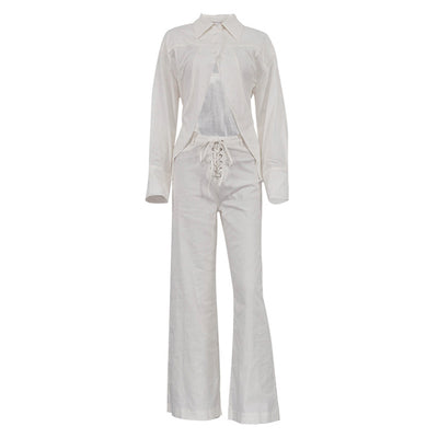 Conjunto Dos Piezas: Blusa Blanca Cropped con Cuello Solapa y Pantalón Ancho Calado con Amarre - Image 18