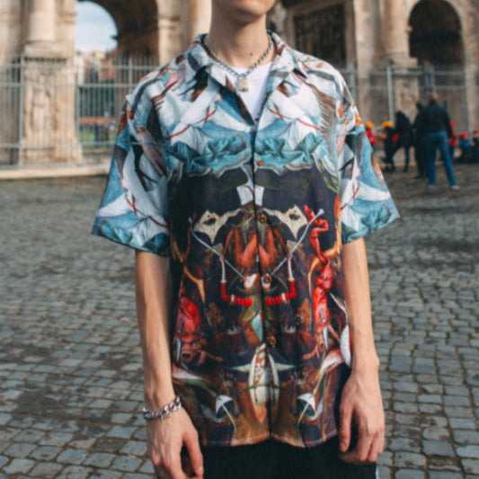 Camisa Suelta de Manga Corta con Estampado Literario para Hombre