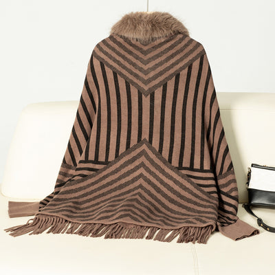 Poncho Tejido de Rayas Otoño Invierno con Flecos Elegante - Image 13