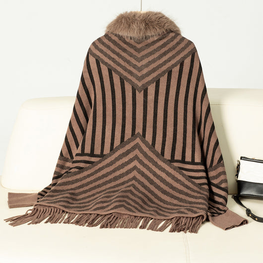 Poncho Tejido de Rayas Otoño Invierno con Flecos Elegante - Image 13