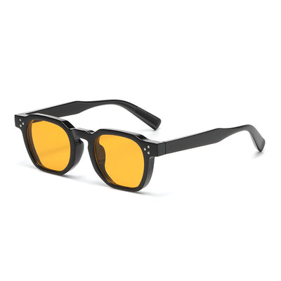 Black square-frame sunglasses with bright yellow lenses and small silver studs on the front corners. - Image 23