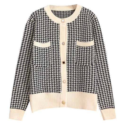 Cardigan Houndstooth Coreano Suelto Cuello Redondo Aroma Delicado - Image 3