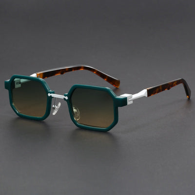 Retro polygon sunglasses for women with a leopard print frame and blue-tinted lenses. - Image 2