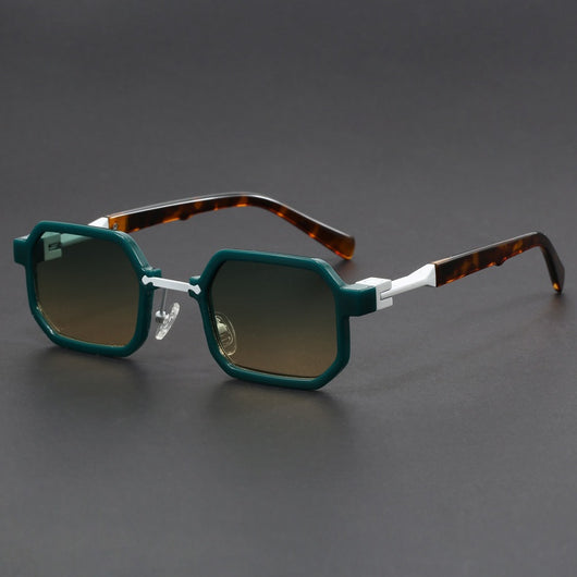 Retro polygon sunglasses for women with a leopard print frame and blue-tinted lenses. - Image 2