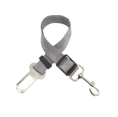 Gray pet car seat belt with a metal seatbelt buckle and a swivel snap hook for securing dogs in vehicles. - Image 8