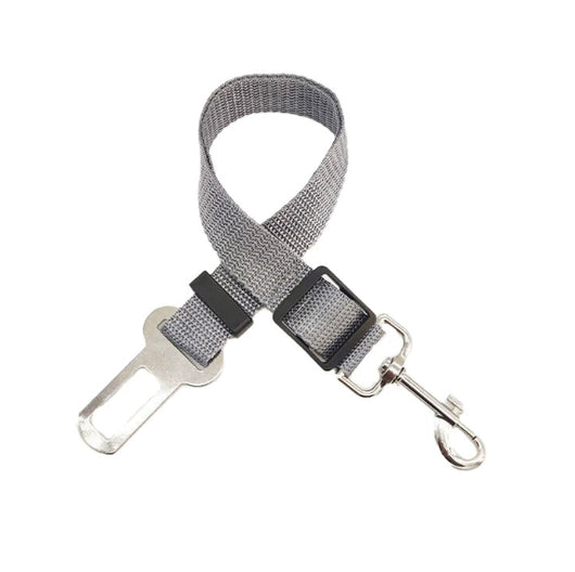 Gray pet car seat belt with a metal seatbelt buckle and a swivel snap hook for securing dogs in vehicles. - Image 8