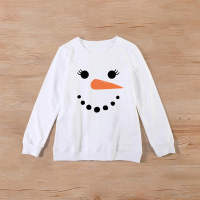 Family matching white long-sleeve crew neck tops with a cute snowman face print, featuring black eyes, an orange carrot nose, and a dotted smile. One adult top - Image 27