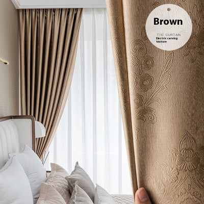 Brown thickened shading curtain with an electric carving floral texture, partially drawn in a bedroom setting. - Image 6