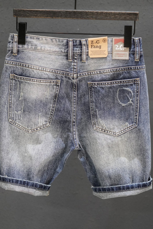 Pantalones Cortos Denim Rotos con Dobladillo Fuzzy - Estilo Retro Trendy para Hombre - Image 3