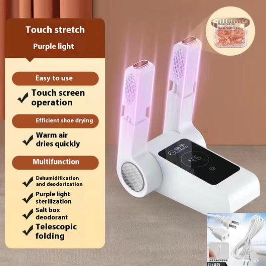 White household shoe dryer with retractable arms, digital display, and control knob, on a light wood floor. - Image 9