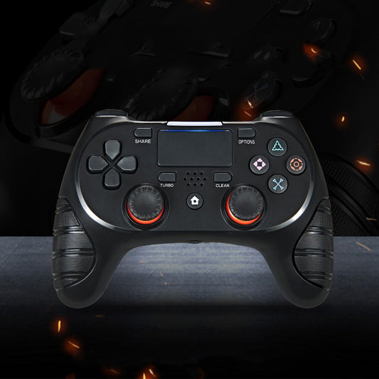 Luxury gold game controller with black analog sticks, red triggers, and a textured grip, featuring a touchpad and various buttons.