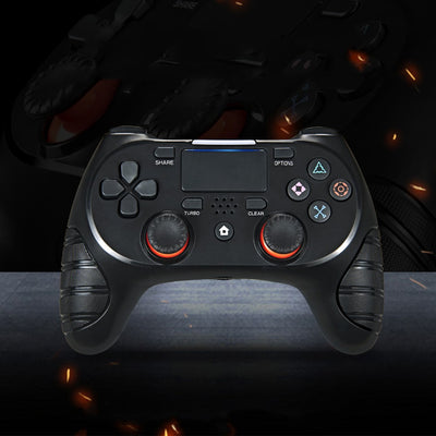 Luxury gold game controller with black analog sticks, red triggers, and a textured grip, featuring a touchpad and various buttons.