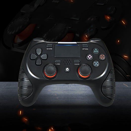 Luxury gold game controller with black analog sticks, red triggers, and a textured grip, featuring a touchpad and various buttons.