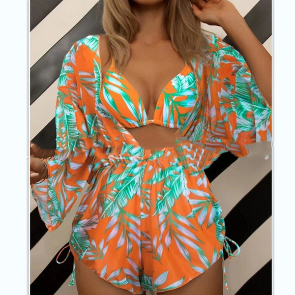 Traje de Baño Bikini Tres Piezas con Protección Solar y Malla Transparente