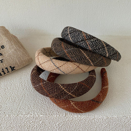 Diadema Ancha de Lana Estilo Coreano Cuadros Otoño Invierno - Image 2