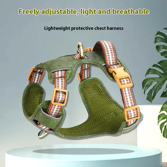 Brown leather pet harness with reflective stripes, adjustable tan buckles, and a gold D-ring on a white background.