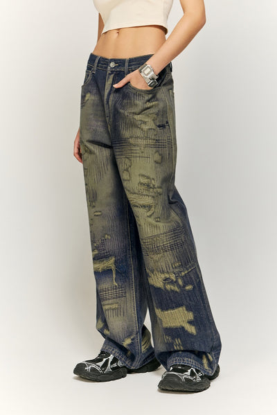 Pantalones Denim Ancho Estilo Urbano Americano con Estampado para Hombre - Image 9