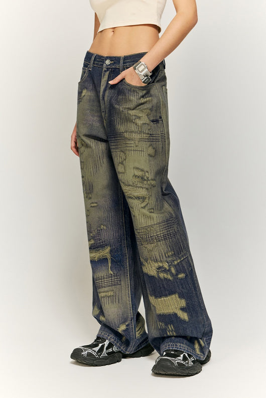 Pantalones Denim Ancho Estilo Urbano Americano con Estampado para Hombre - Image 9