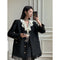 Sobretudo Tweed Estilo Hepburn com Ombreiras e Franjas Coreano