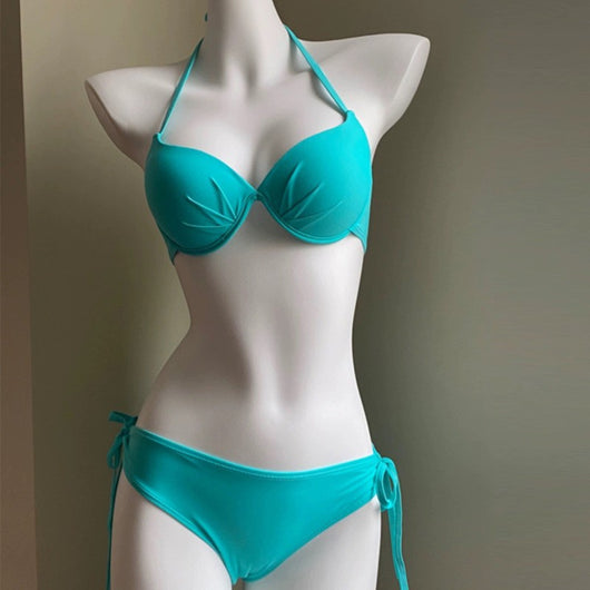 Vibrant blue push-up halter bikini swimsuit with tie-side bottoms, perfect for beach vacations. - Image 2