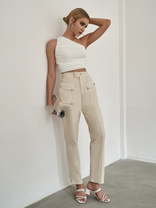 Pantalones Chinoiserie Cintura Alta Marrón Línea Recta sin Cinturón