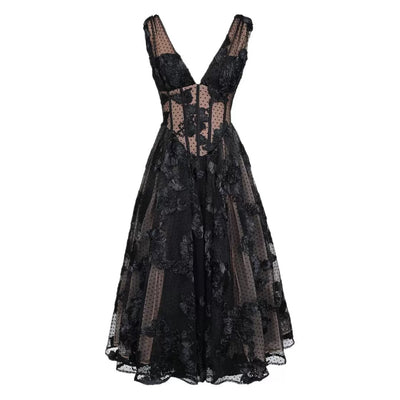 Vestido de Noche Elegante Negro Escote en V Profundo Malla - Image 5